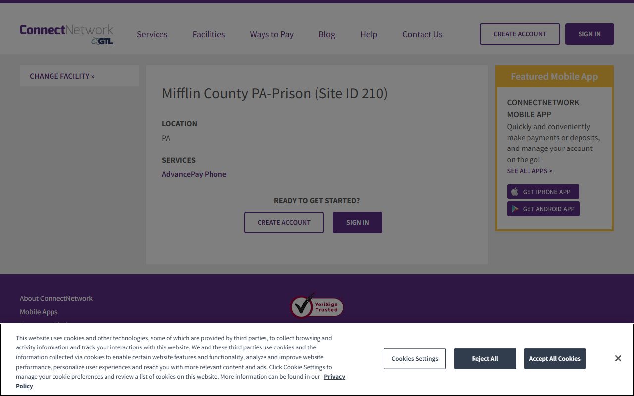 Mifflin County Correctional Facility ConnectNetwork phone account page