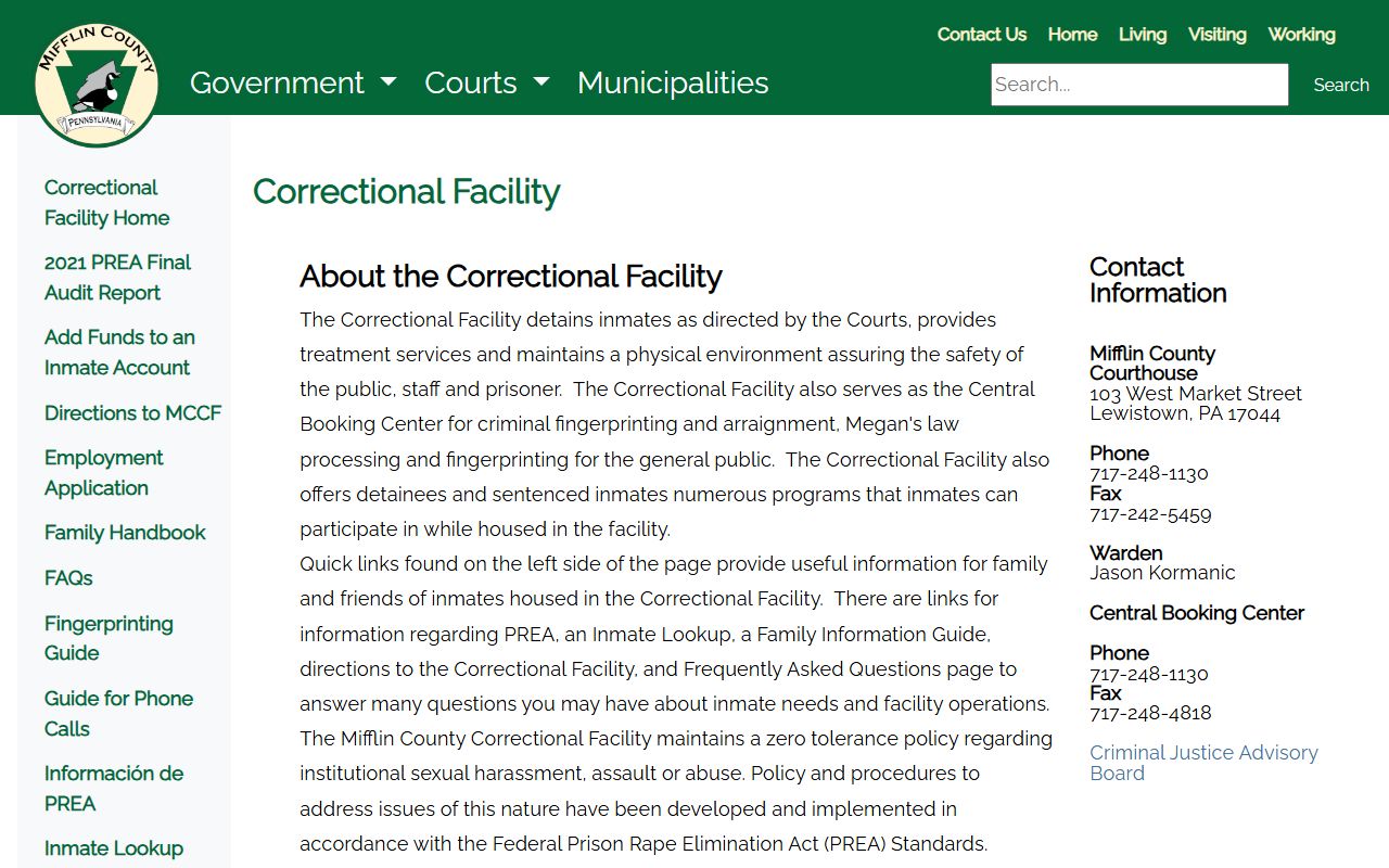 Mifflin County Correctional Facility inmate population overview page