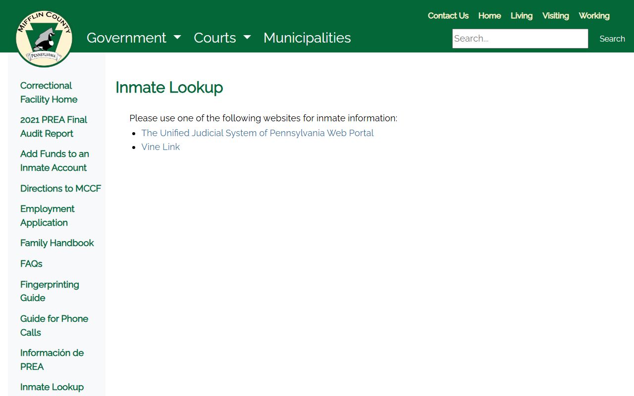 Mifflin County inmate lookup links for jail roster and custody search