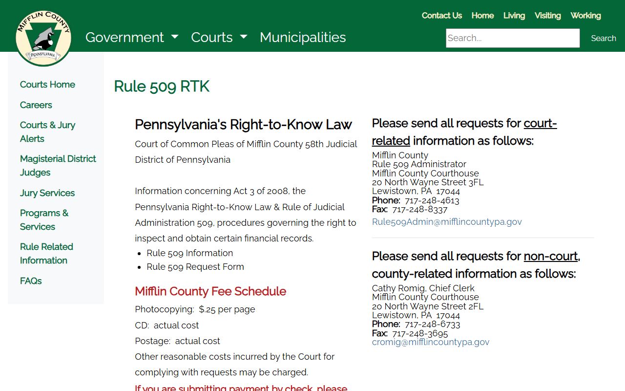 Mifflin County court records and Rule 509 request path